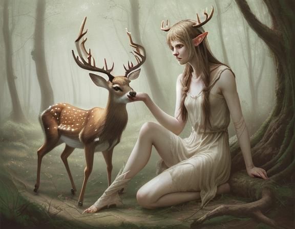 Woodland Elf with Deer in Watercolor Style