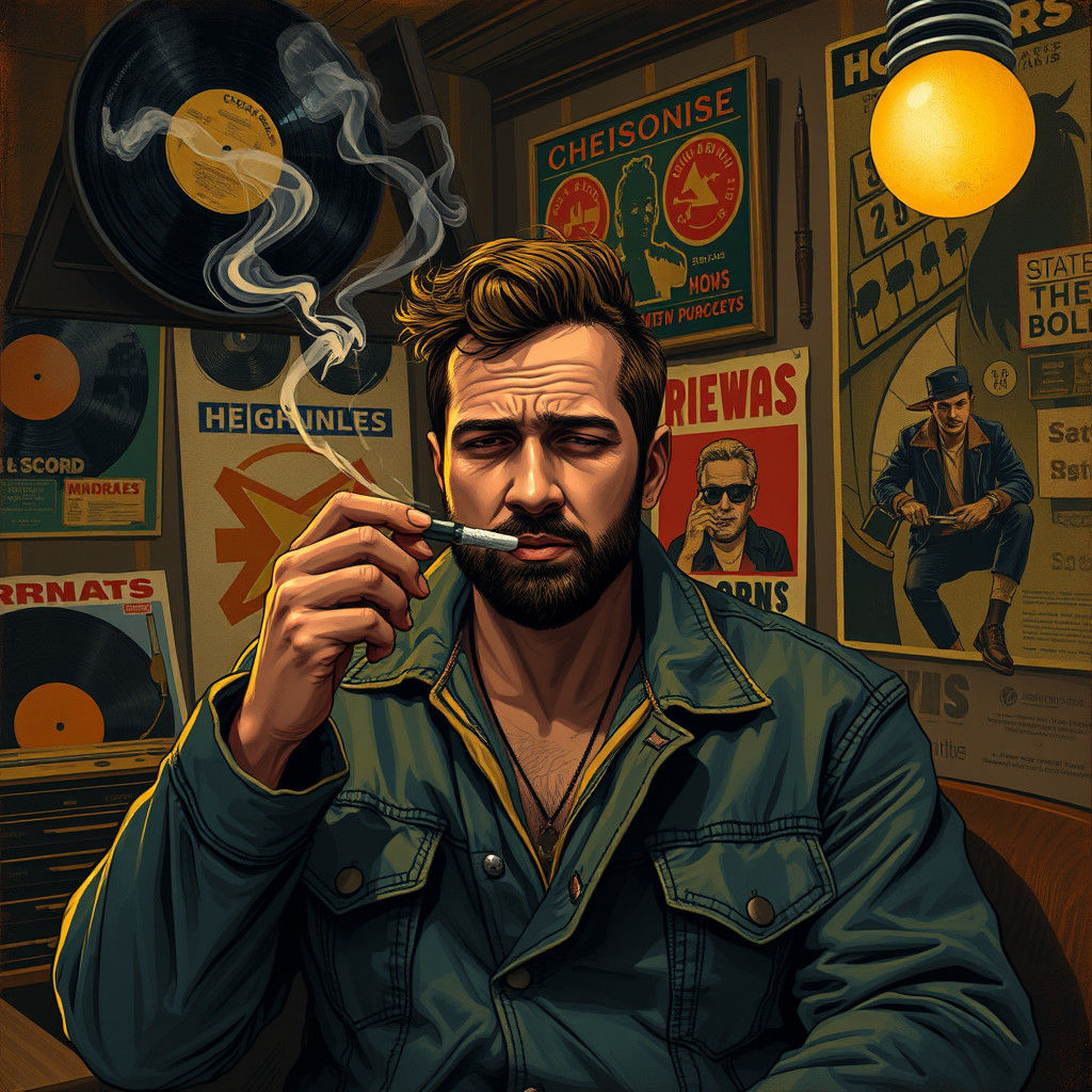 Atmospheric Illustration of Man Smoking in Retro Room