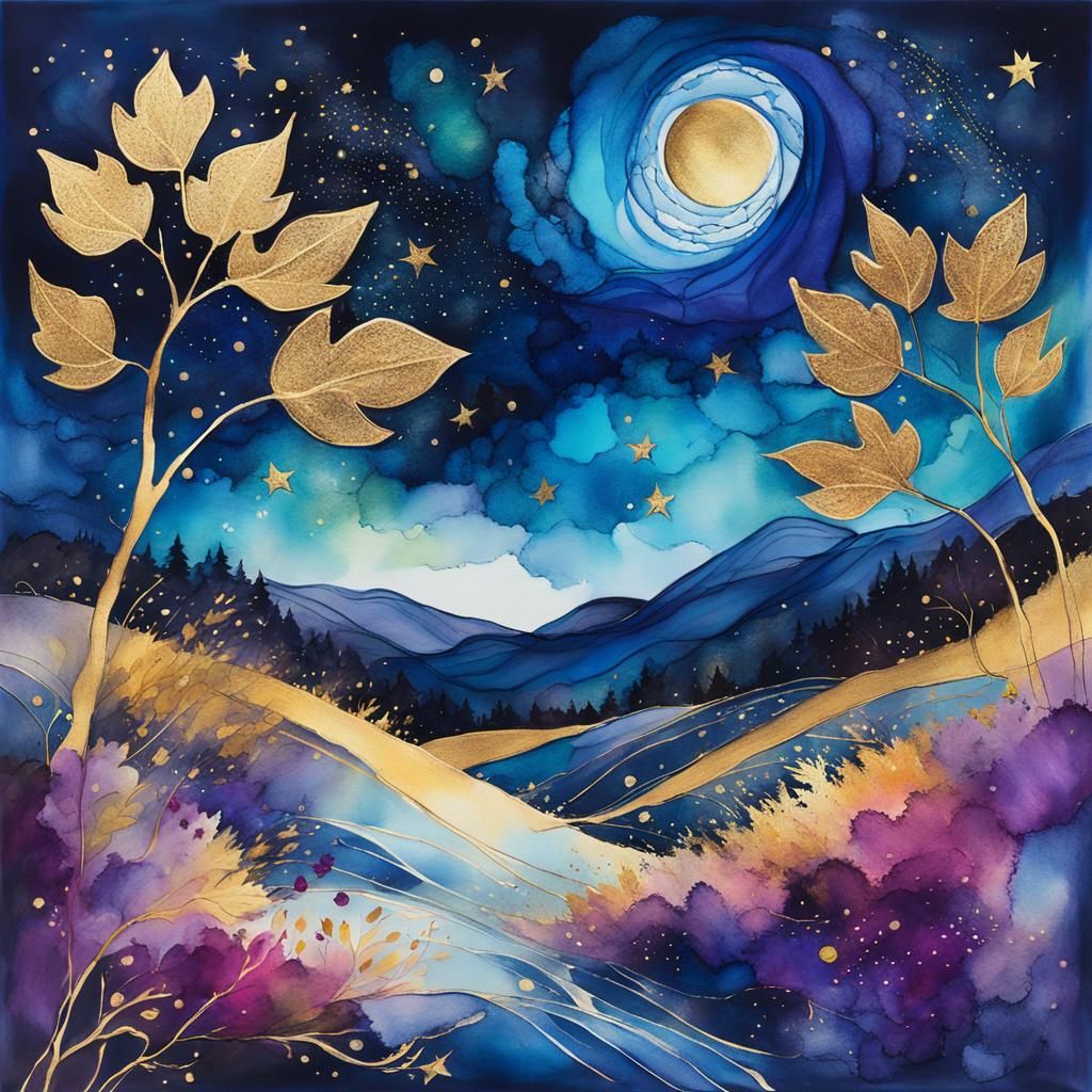 Expressionist Starry Night Landscape in Alcohol Ink Style