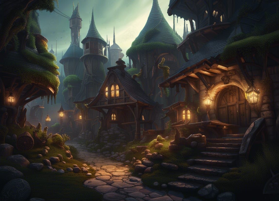 Dark Fantasy Village in Alien Environment