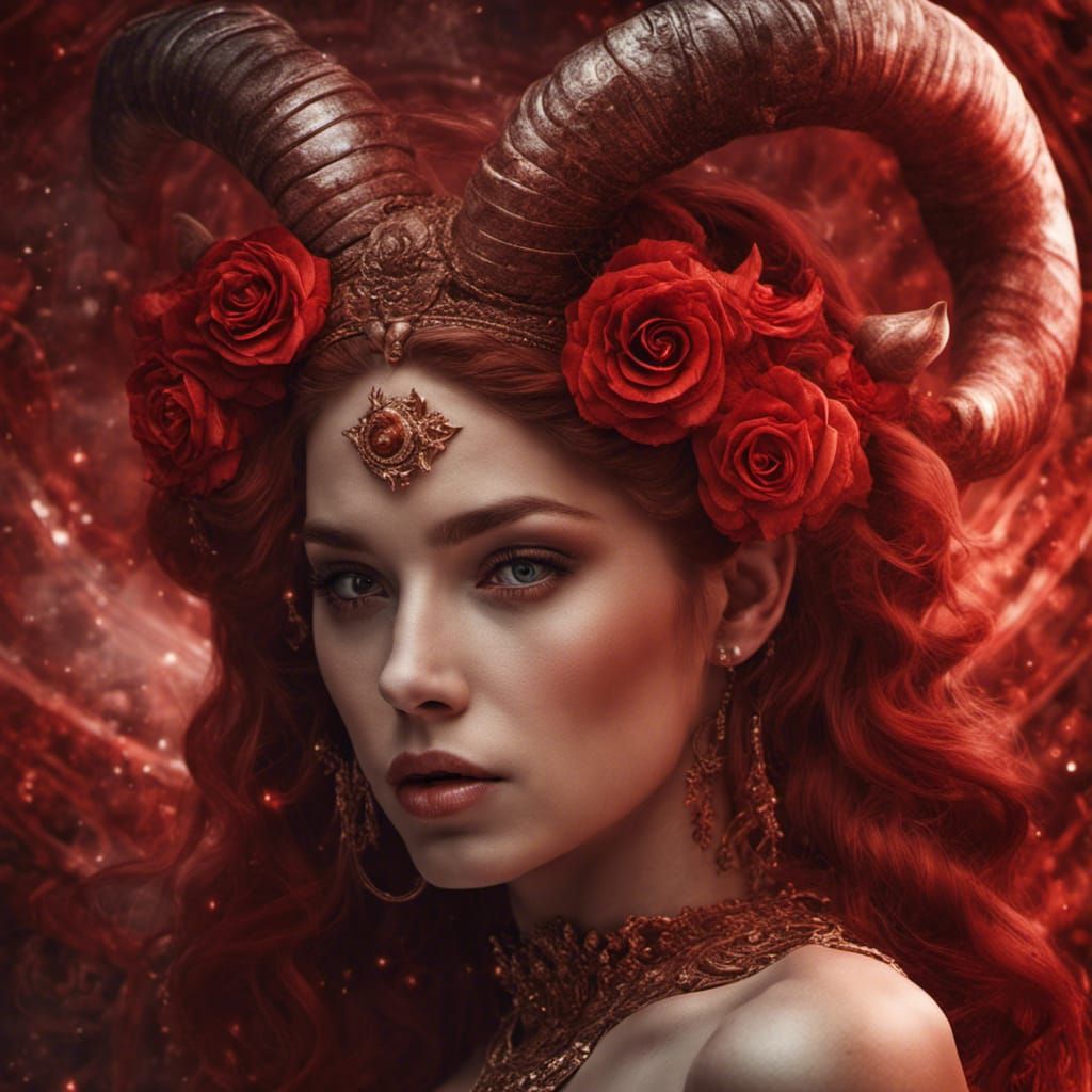 Aries Zodiac Woman: Red Horns and Zodiac Wheel