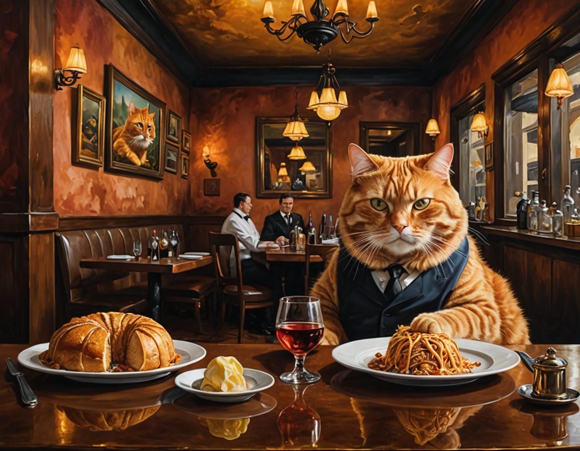 Obese Ginger Cat at Restaurant, Surreal Oil Painting