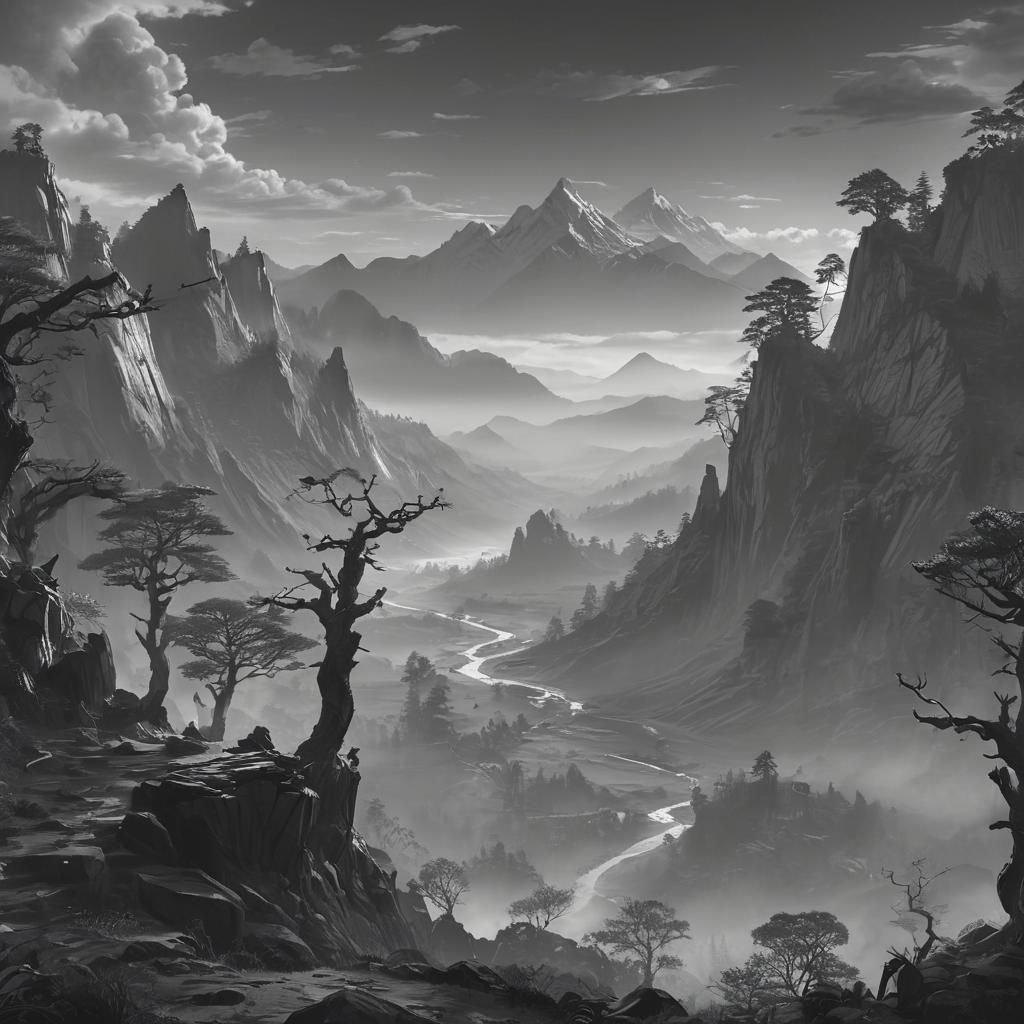 Grayscale Anime Landscape with Misty Valleys