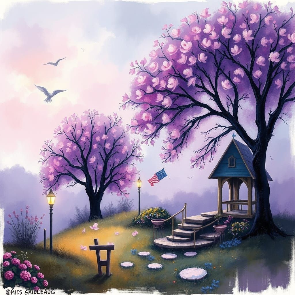 Whimsical Birthday Wish in Dreamy Violet Hues, Gouache Style