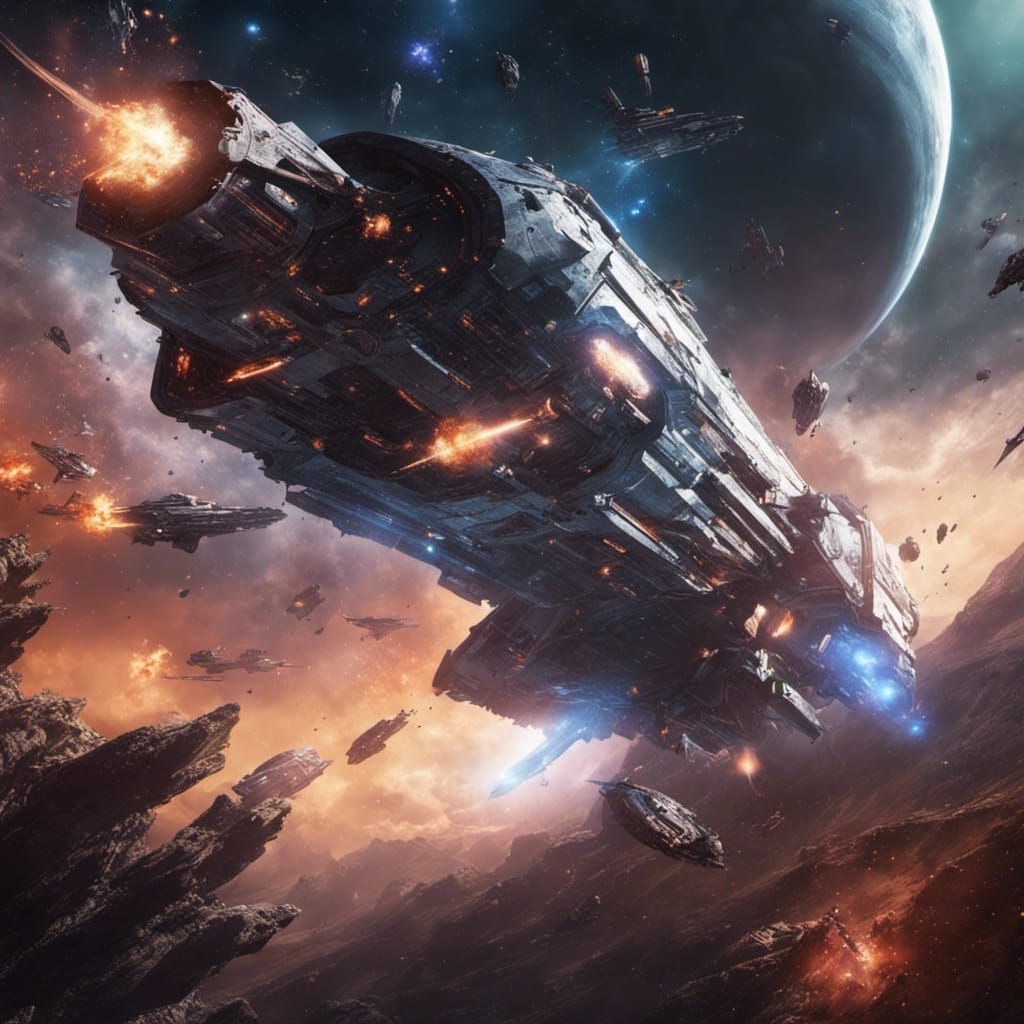Galactic Collision: Spaceship Battle in Fantasy Art