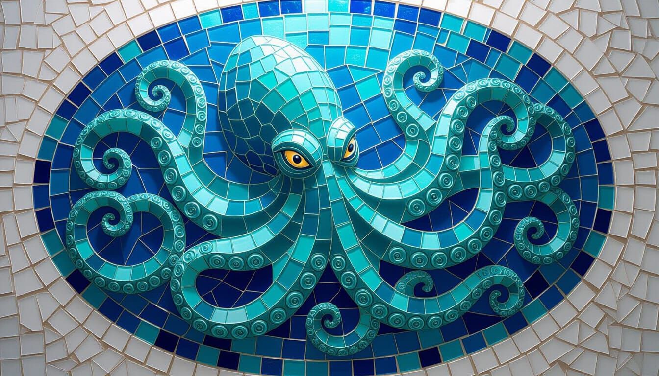 Kraken Mosaic Sculpture of Frosted Sea Glass