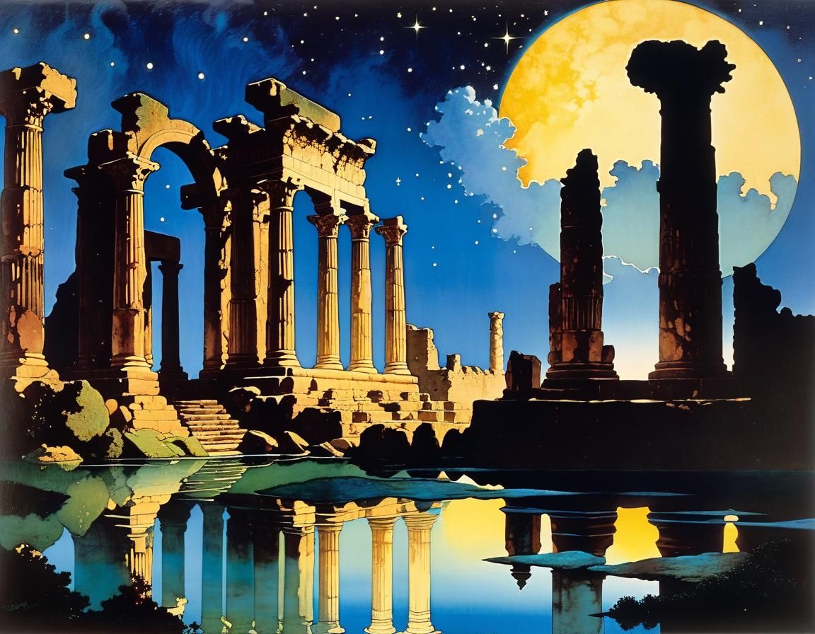 Bohemian Traveler at Ancient Ruins in Alcohol-Ink Style