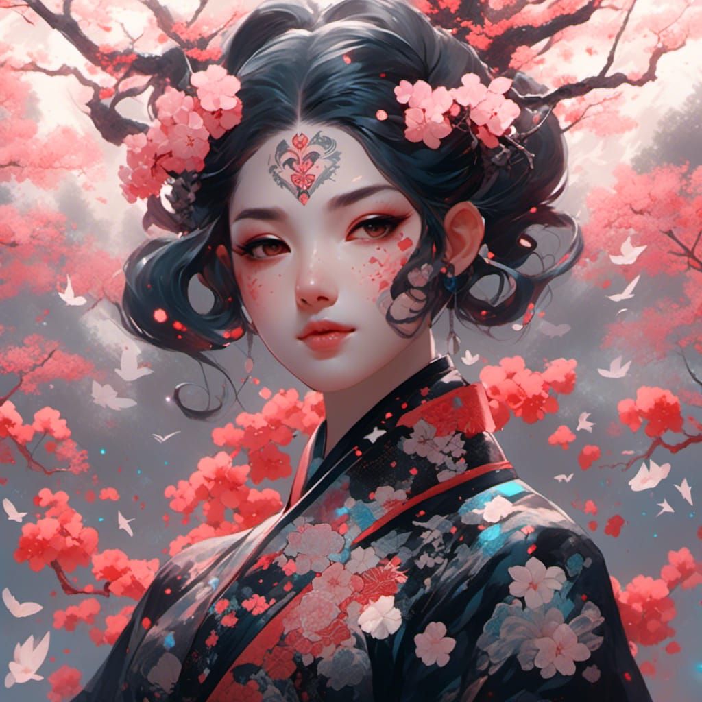 Tattooed Goth Girl with Hannya Mask and Sakura Flowers