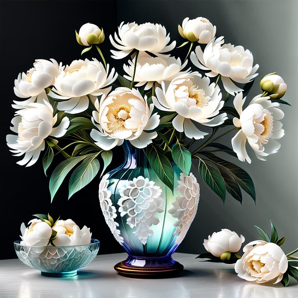 White Peonies in Murano Glass Vase: 3D Render