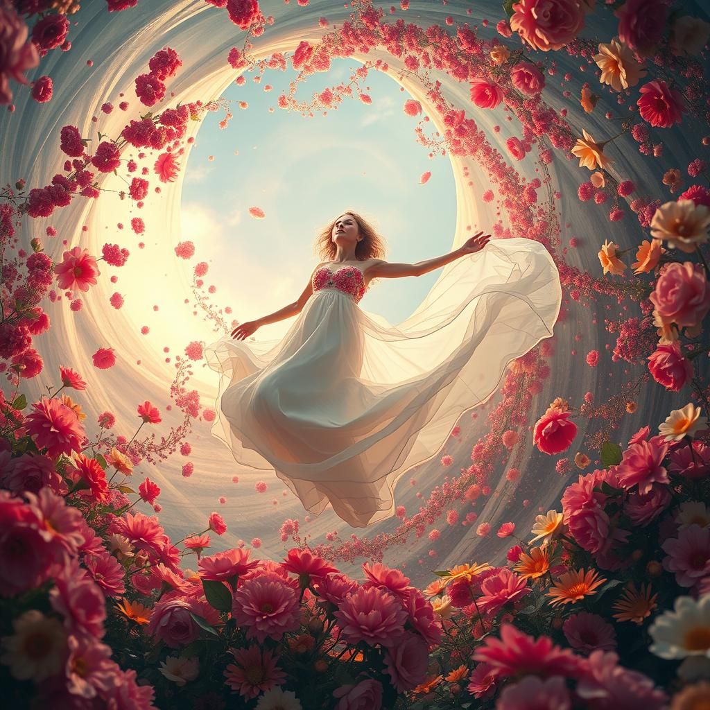 Woman Floating in Swirling Flowers, Ethereal Style