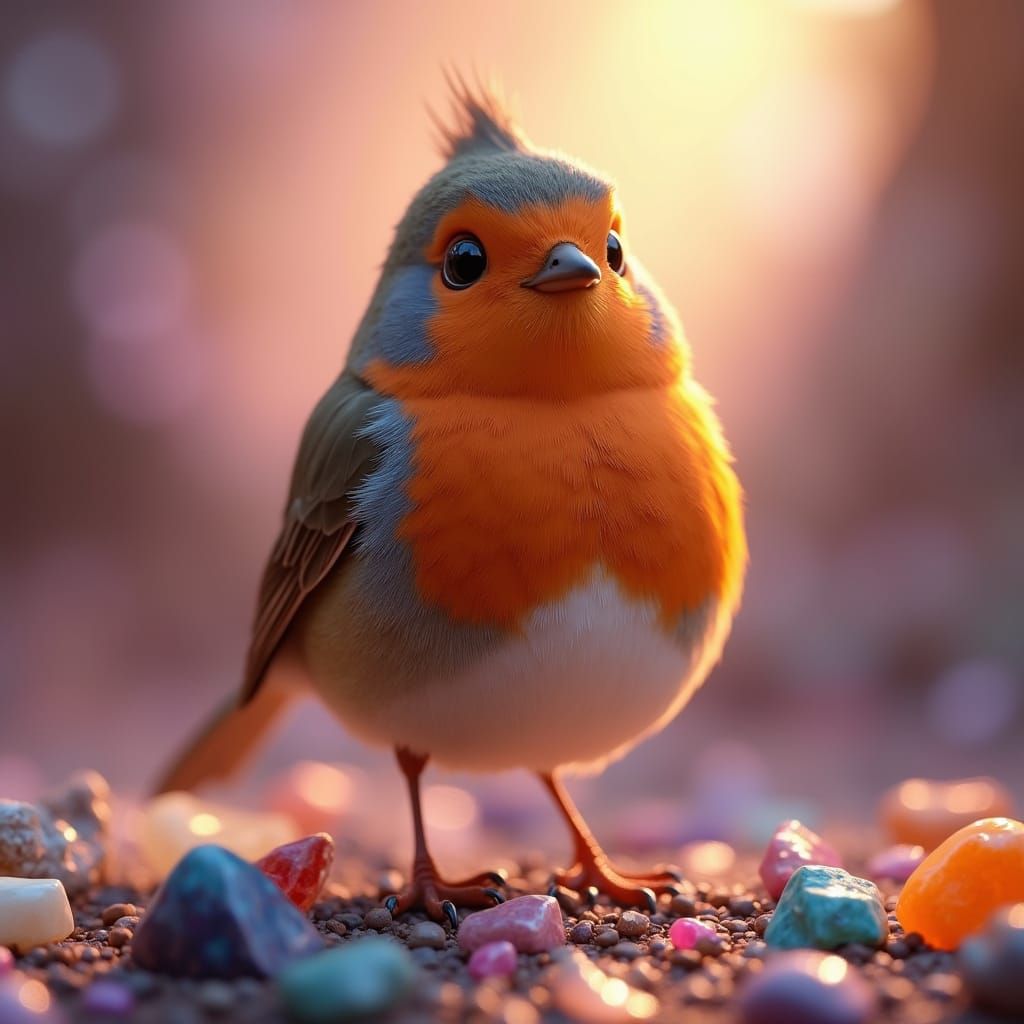 Curious Robin and Mineral Collection in 3D Digital Art