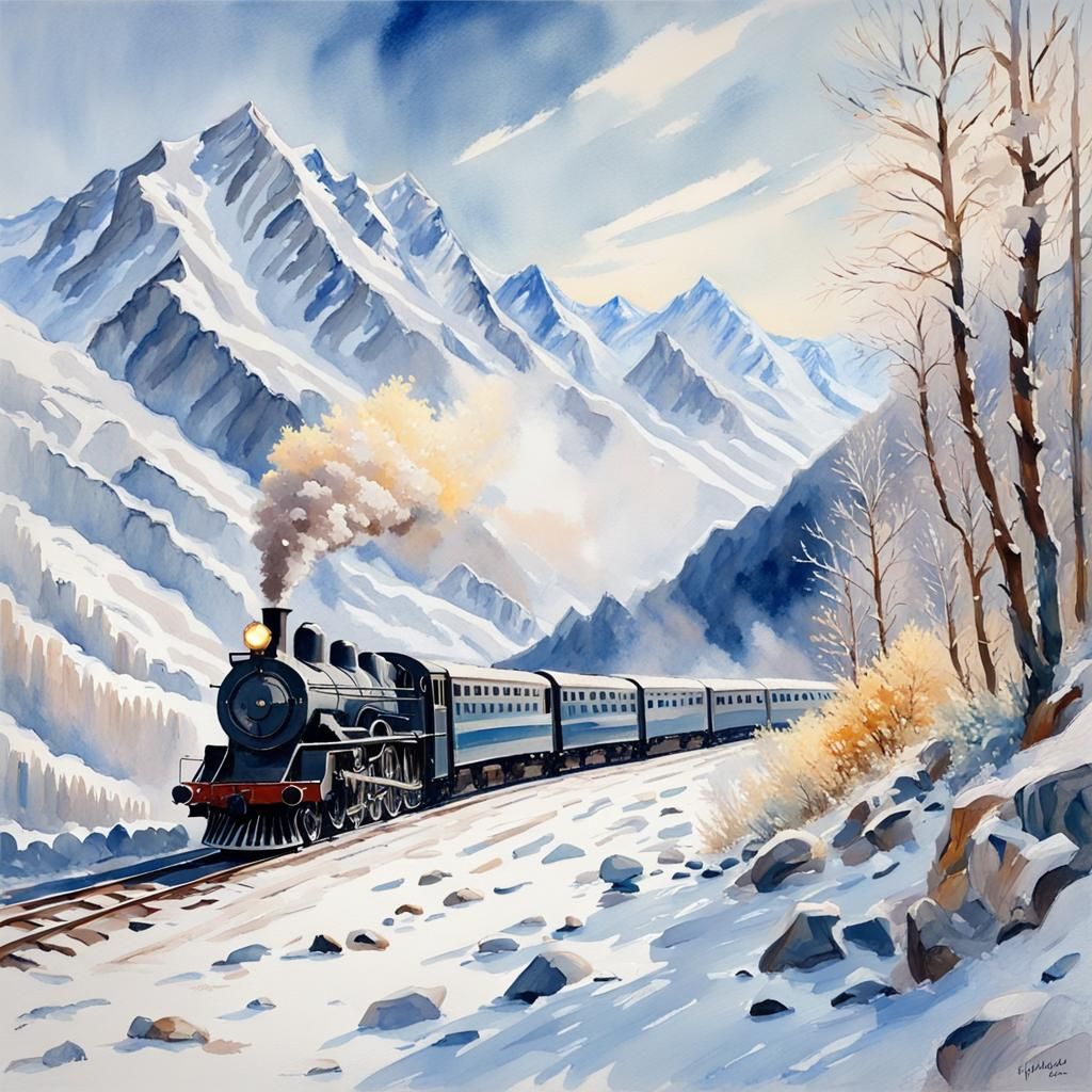 Orient Express Alps Winter Crossing in Gouache Style