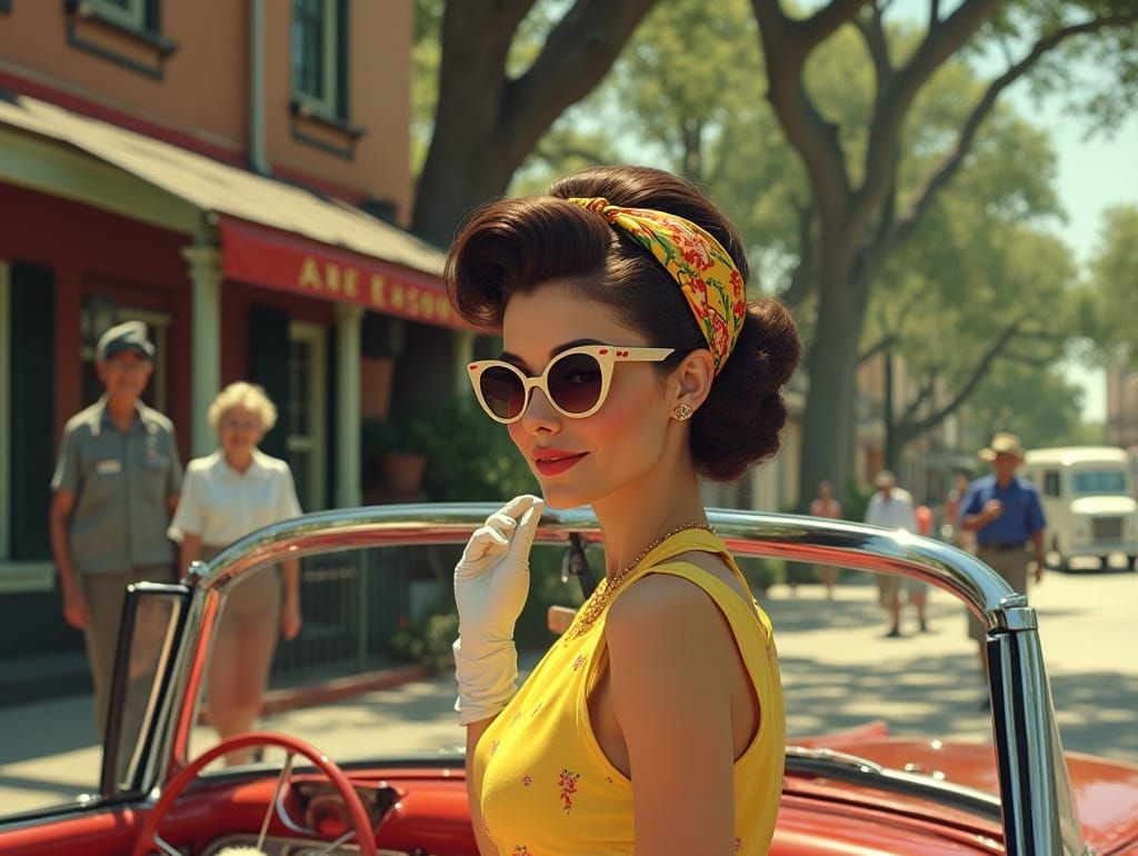 Sultry Brunette in Retro Convertible, Mayberry-Inspired Scen...