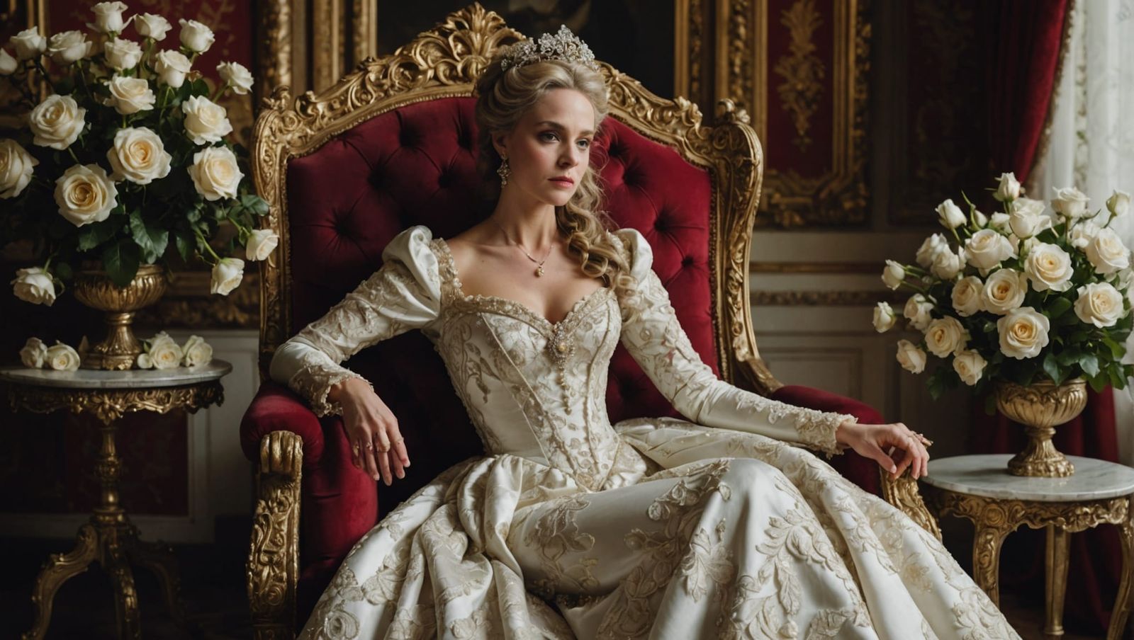 Regal Woman in Rococo Gown on Gilded Throne