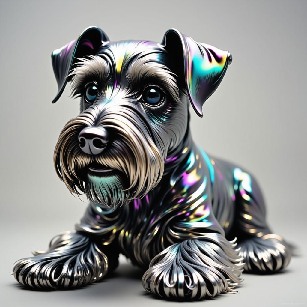 Hyperrealistic, Distorted Schnauzer in Metallic Iridescence