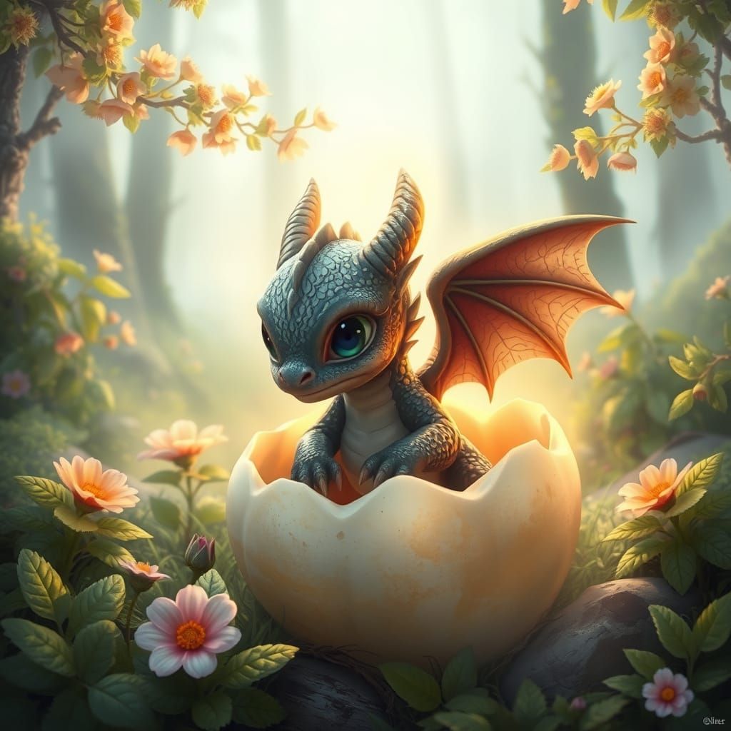 Romanticized Dragon Hatching in Enchanted Summer Forest