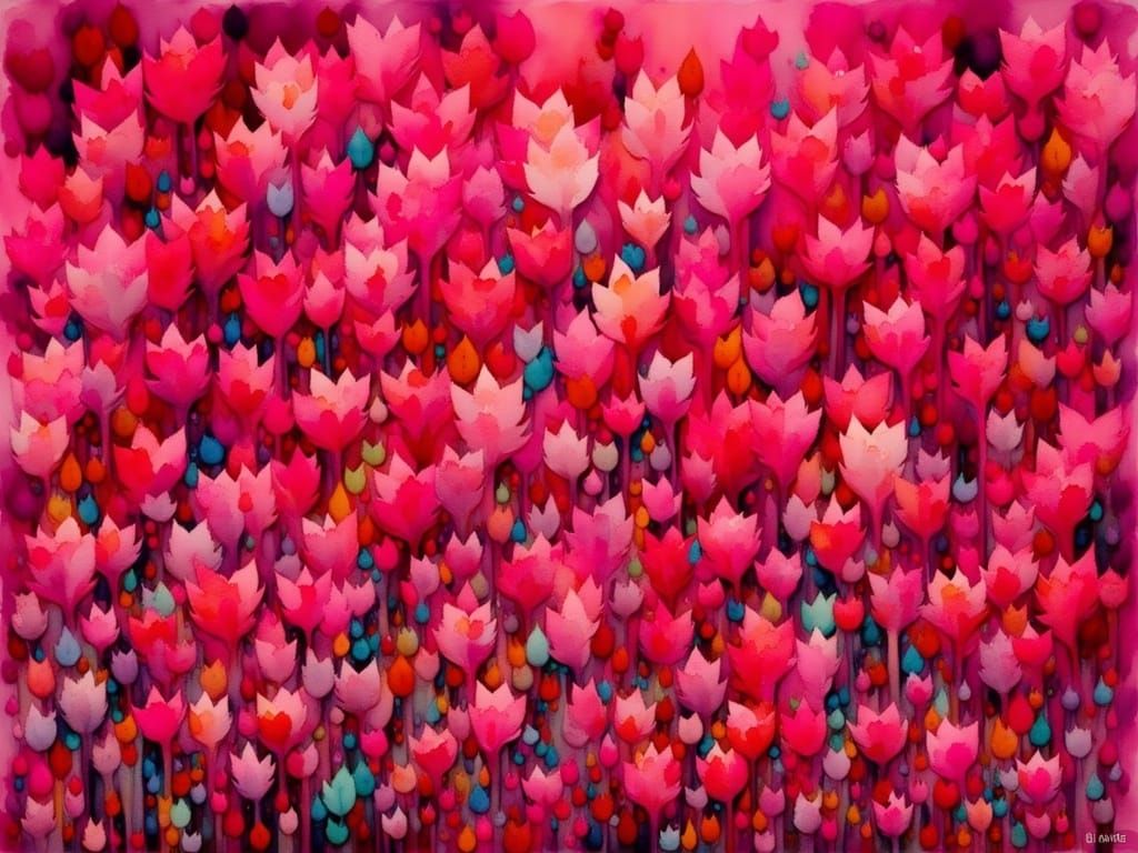 Mystical Garden with Magenta Fire Flowers in Watercolor