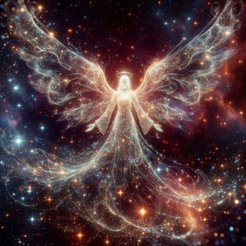 Radiant Angel Made of Light in Galactic Space