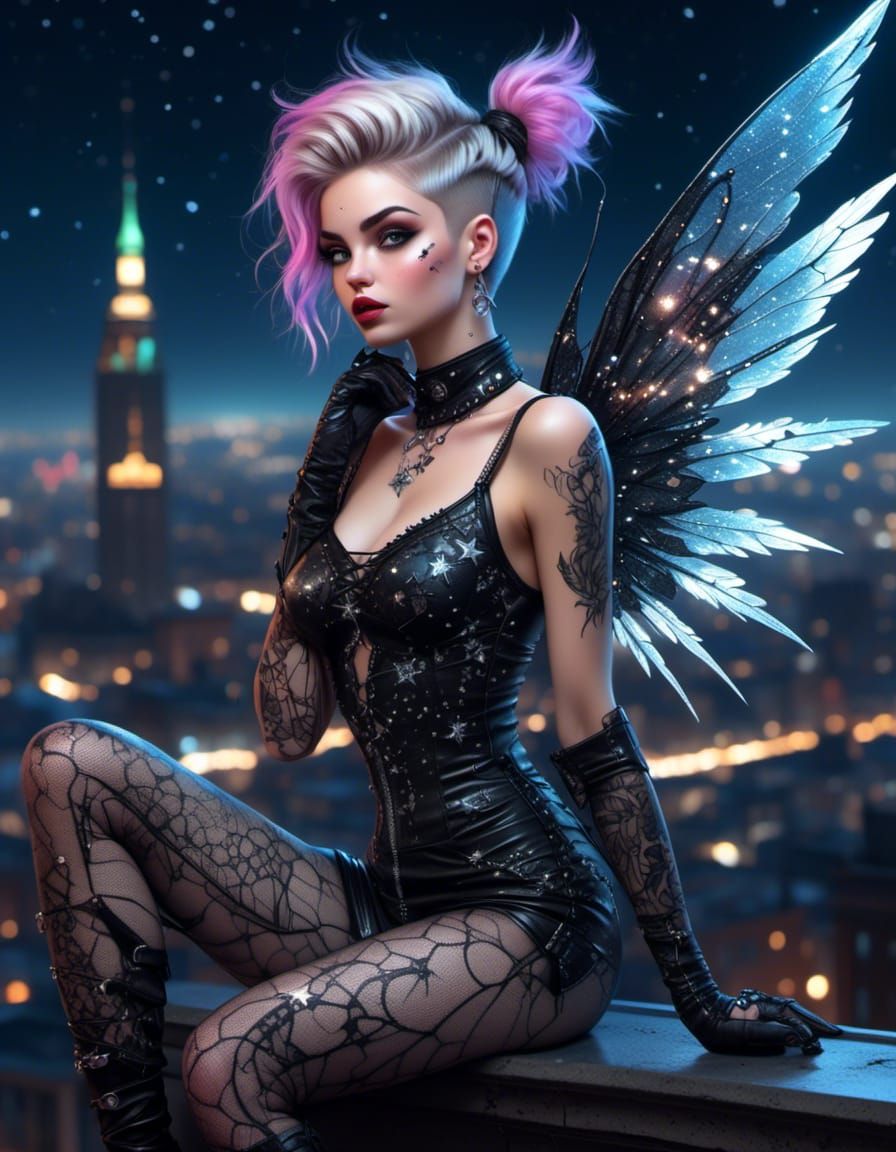 Cyberpunk Pixie with Mechanical Wings in Cityscape