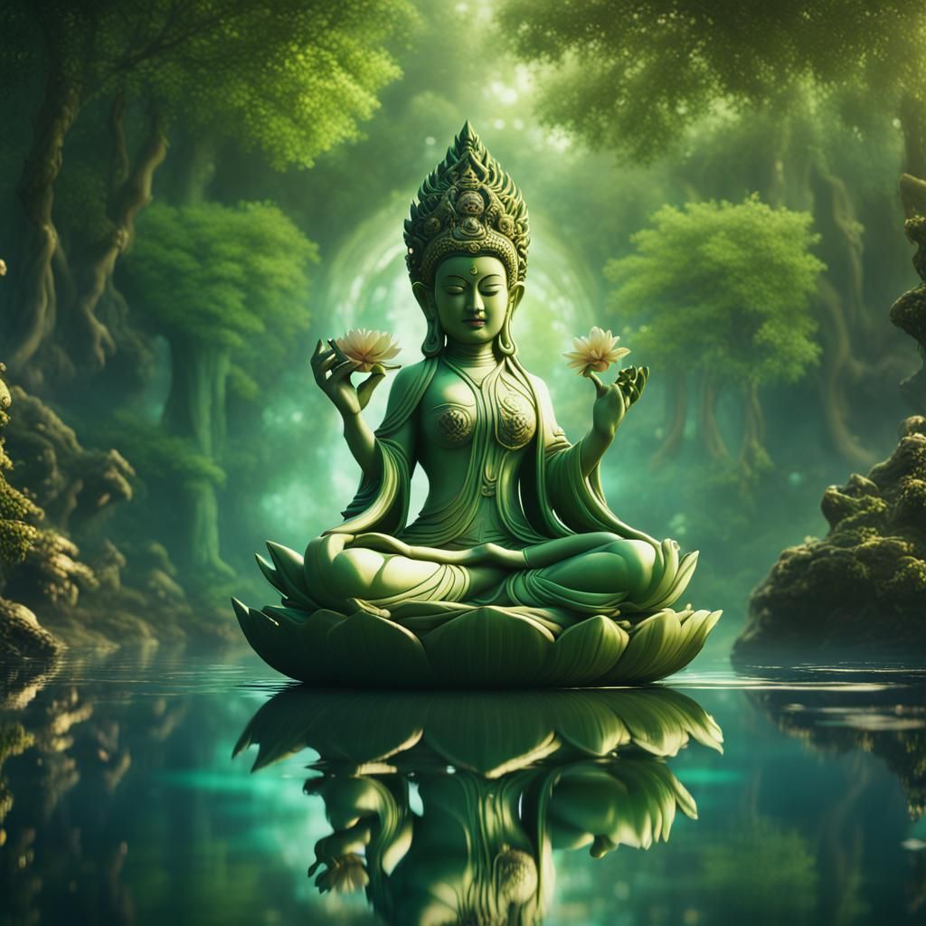 Green Tara Goddess Reflection: Detailed Matte Painting
