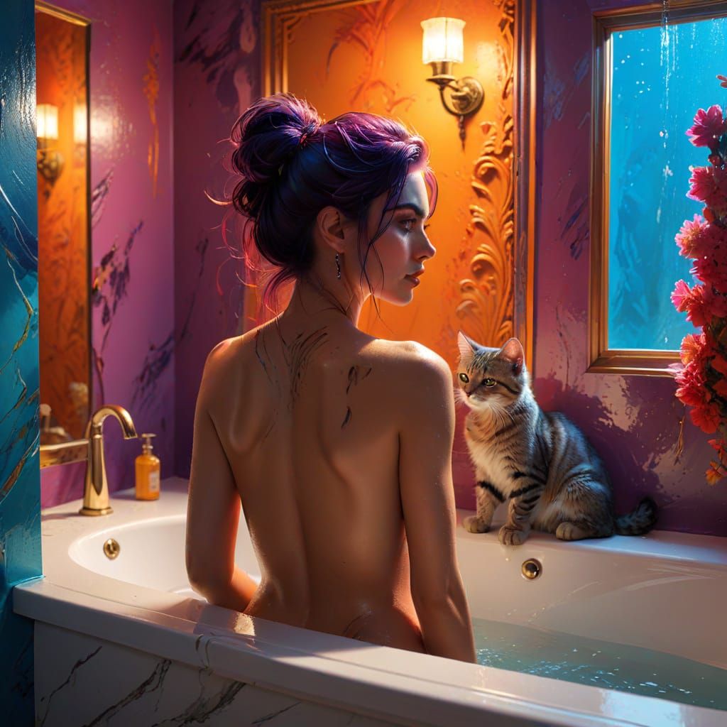 Feline Woman Arches Back in Elegant Bathroom