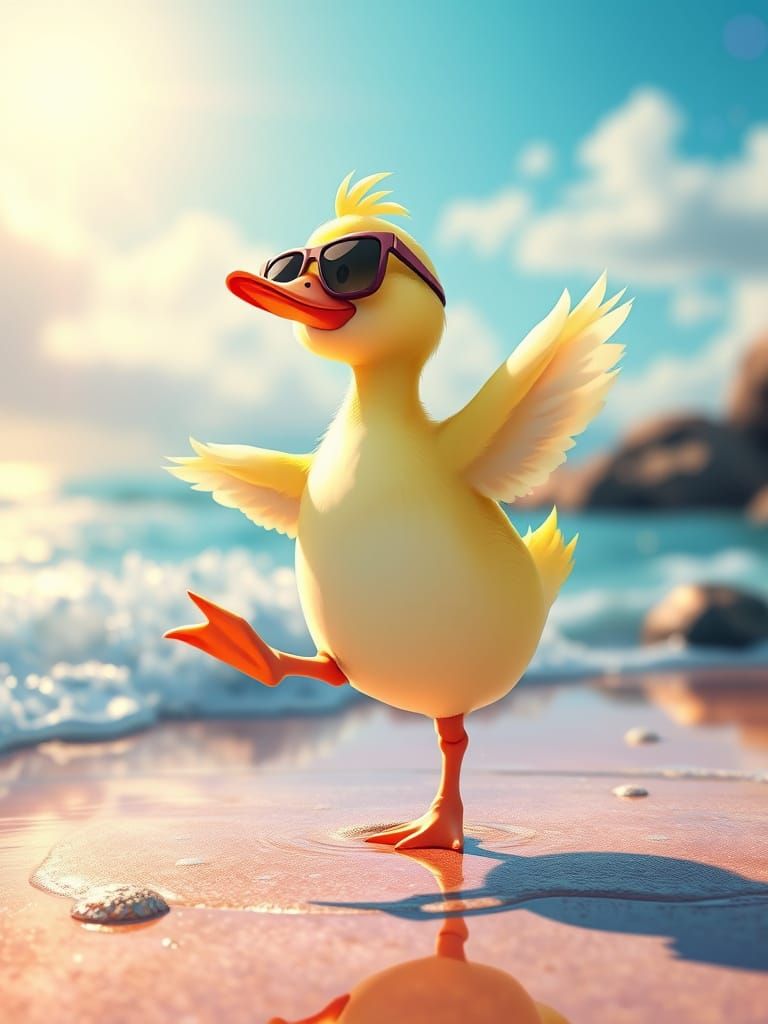 Cute Chibi Duckling Dances on Beach in Art Fusion