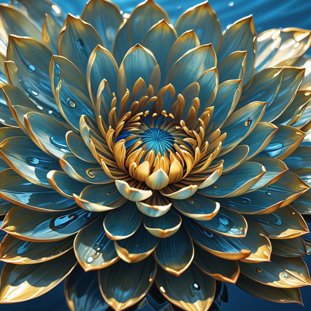 Radiant Golden Lotus in Blue Water: Hyperrealistic Digital A...