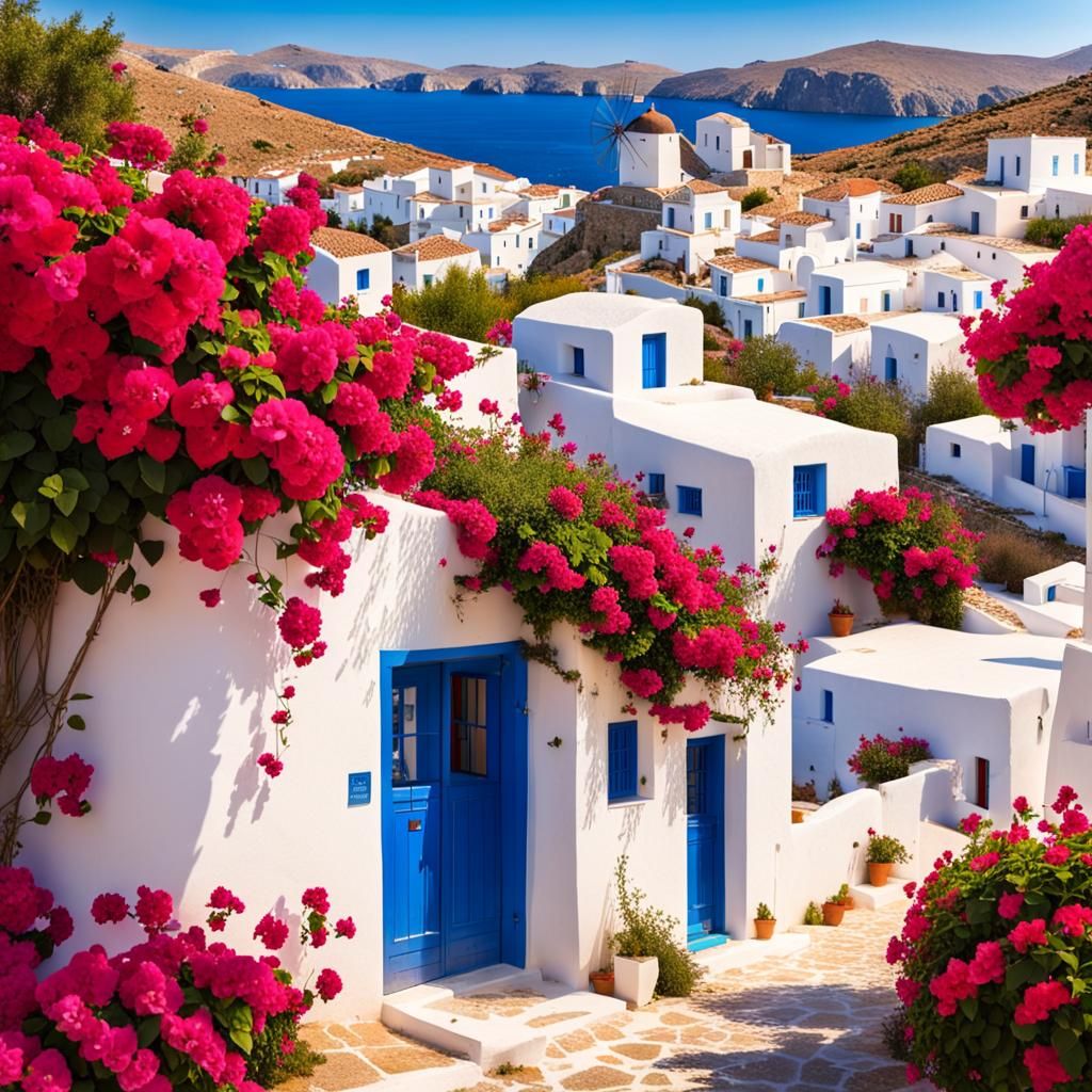 Scenic Greek Village with Windmill and Bougainvillea