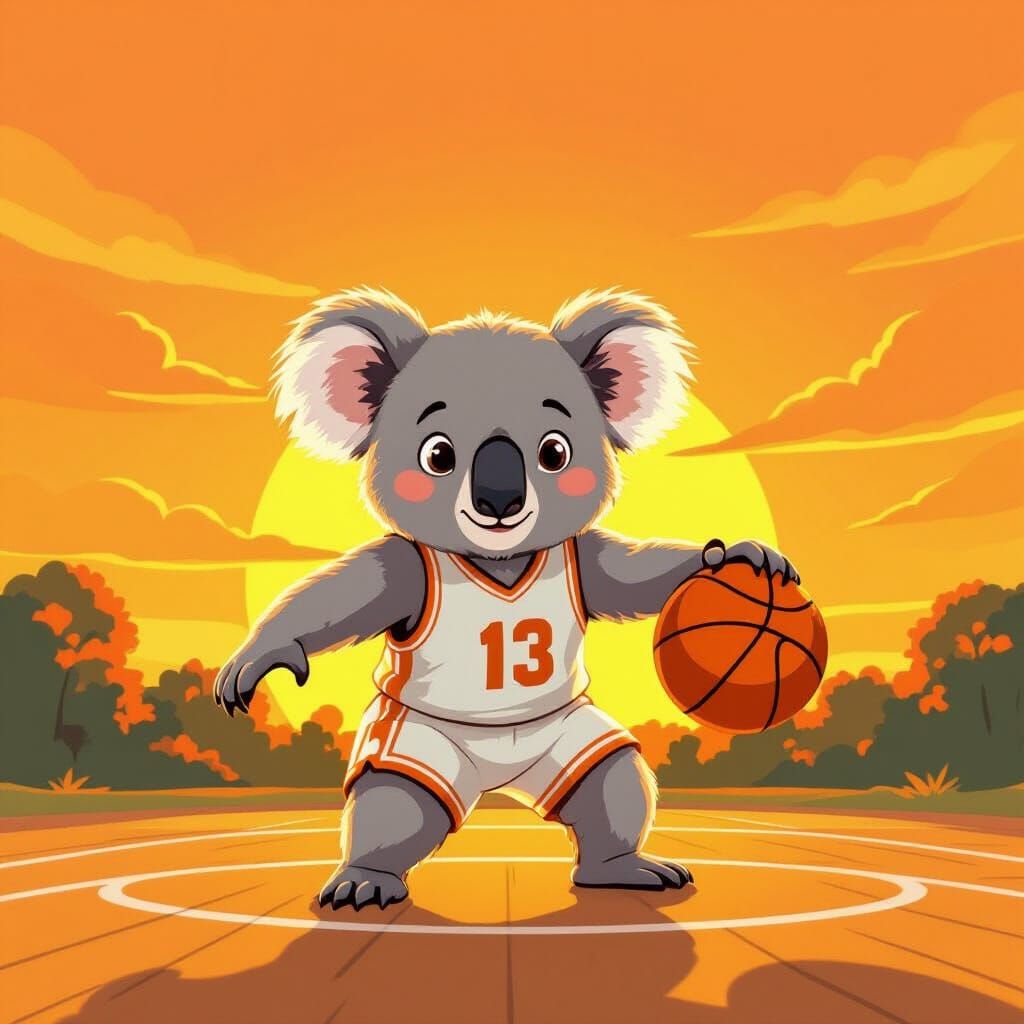Fluffy Koala Plays Basketball at Sunset