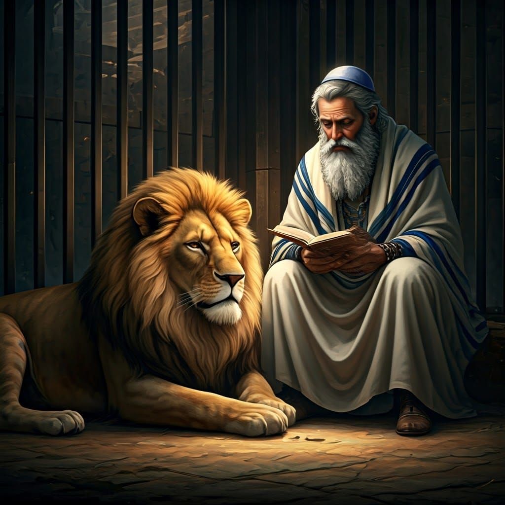 Righteous Man in a Fantasy Lions' Den, Detailed Matte Painti...