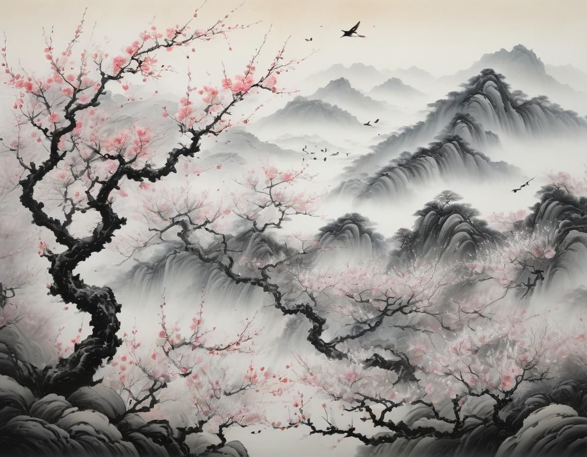 Plum Blossoms in Misty Landscape, Scroll Painting