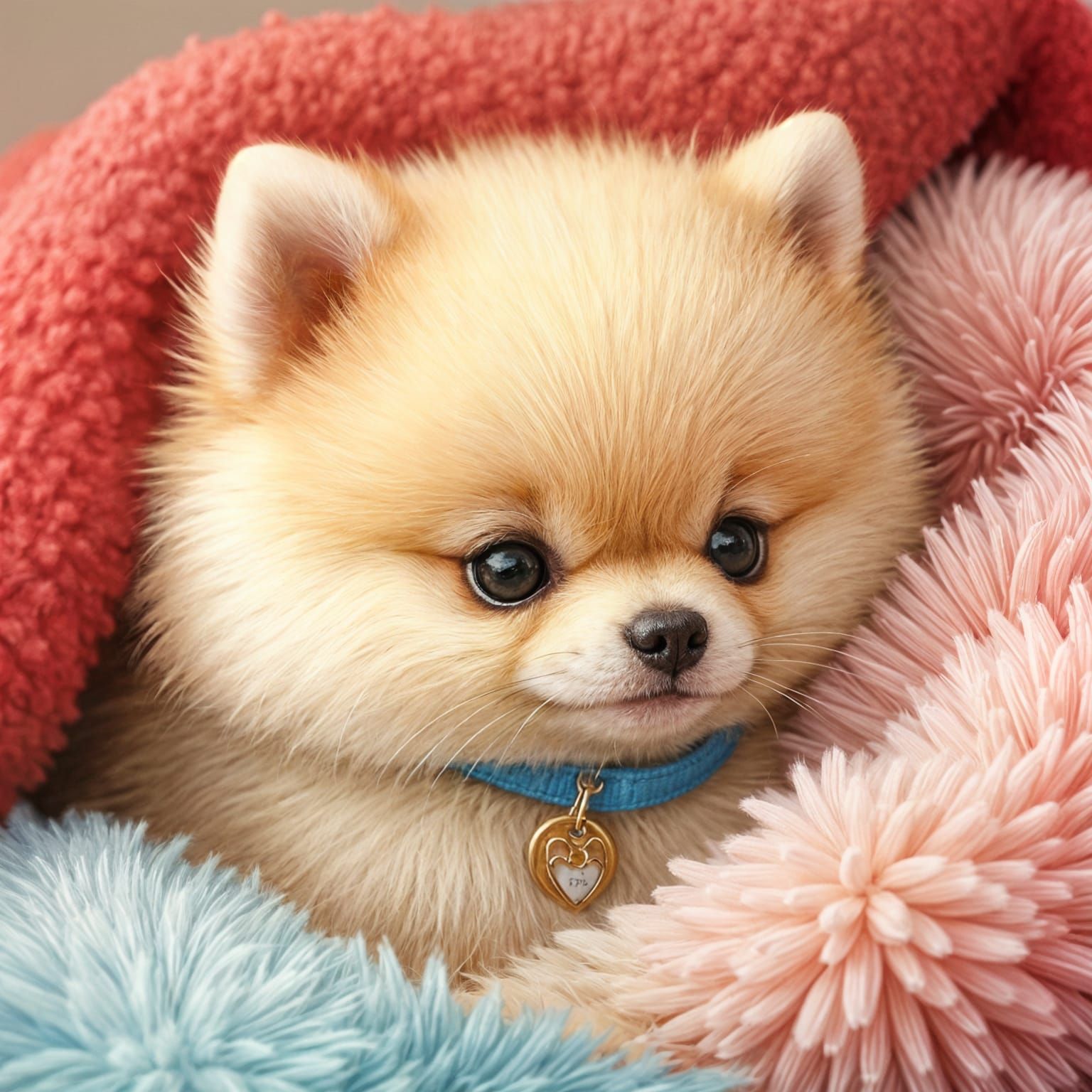 Attentive Pomeranian Snuggles in Plush Blankets