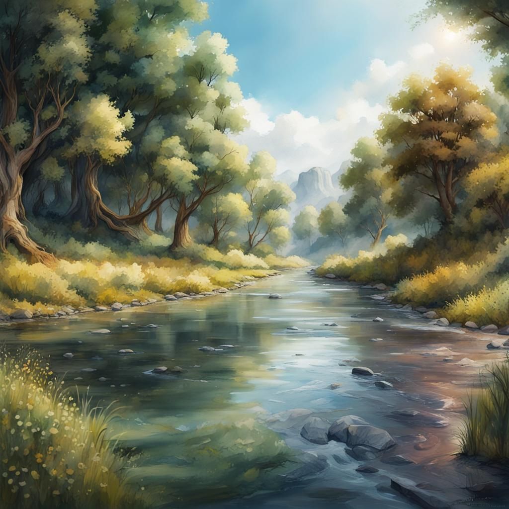Lush River in Summer: Watercolor Concept Art