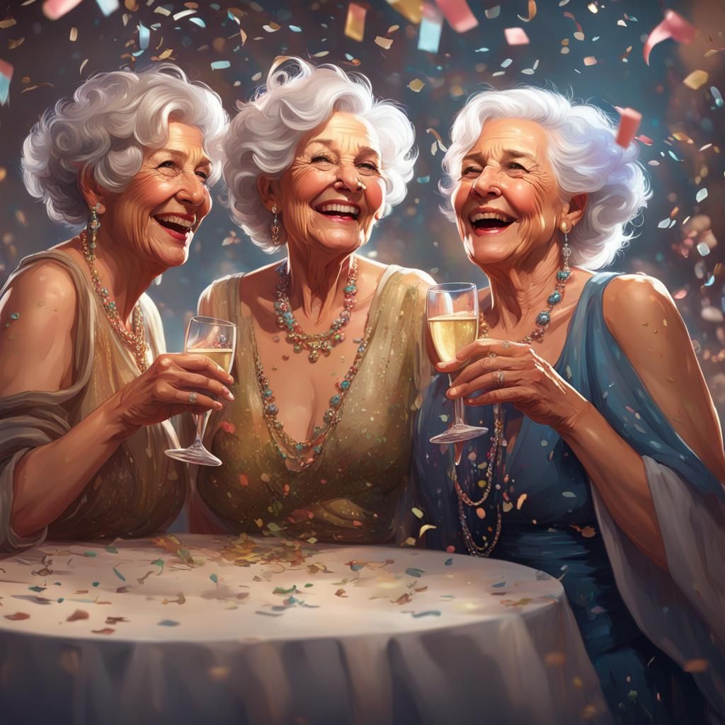 Elderly Women Celebrate with Champagne in Hyperdetailed Port...