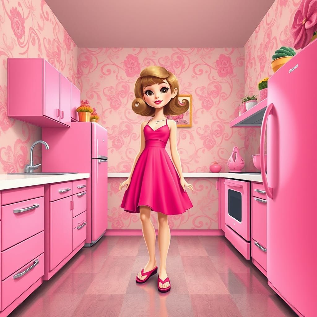 Pink Lady in Retro-Futuristic Kitchen, Octane Render