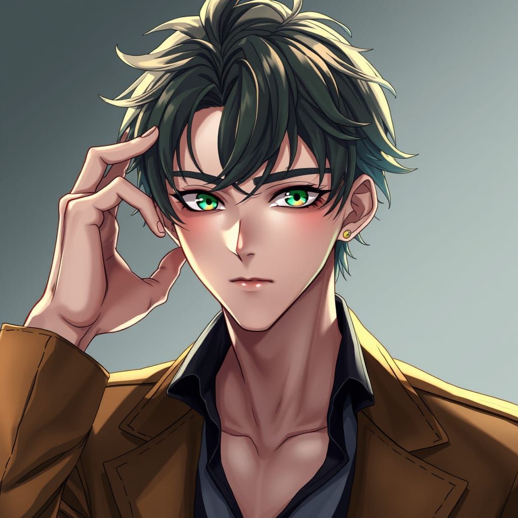 Handsome Man with Green Eyes in 3D Anime Art Style