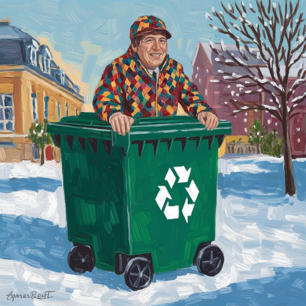Joyful Garbage Collector in Winter Art Deco Style