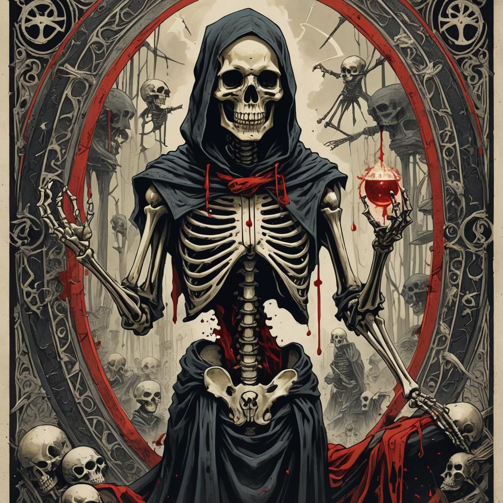 Sinister Tarot Card Featuring Skeleton and Mirror