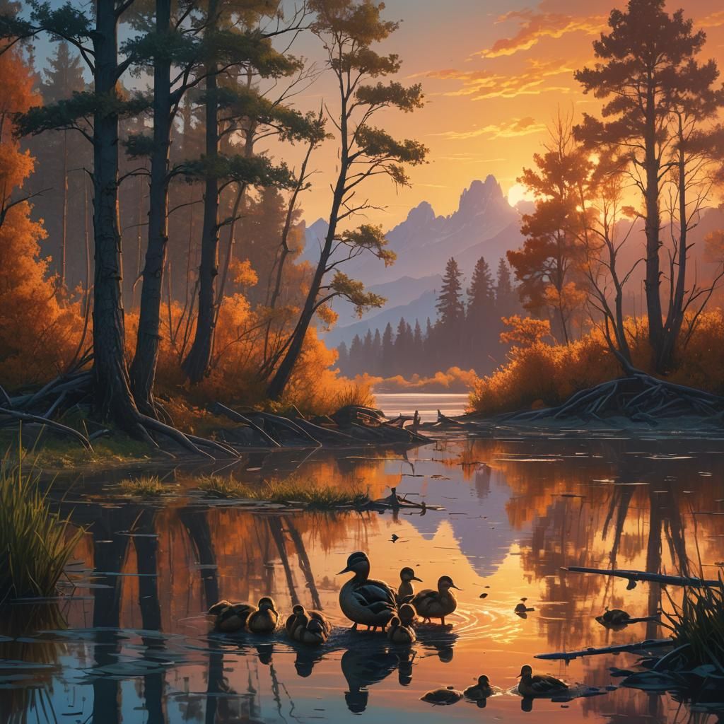 Golden Sunset Shoreline with Ducklings: Fantasy Matte Painti...