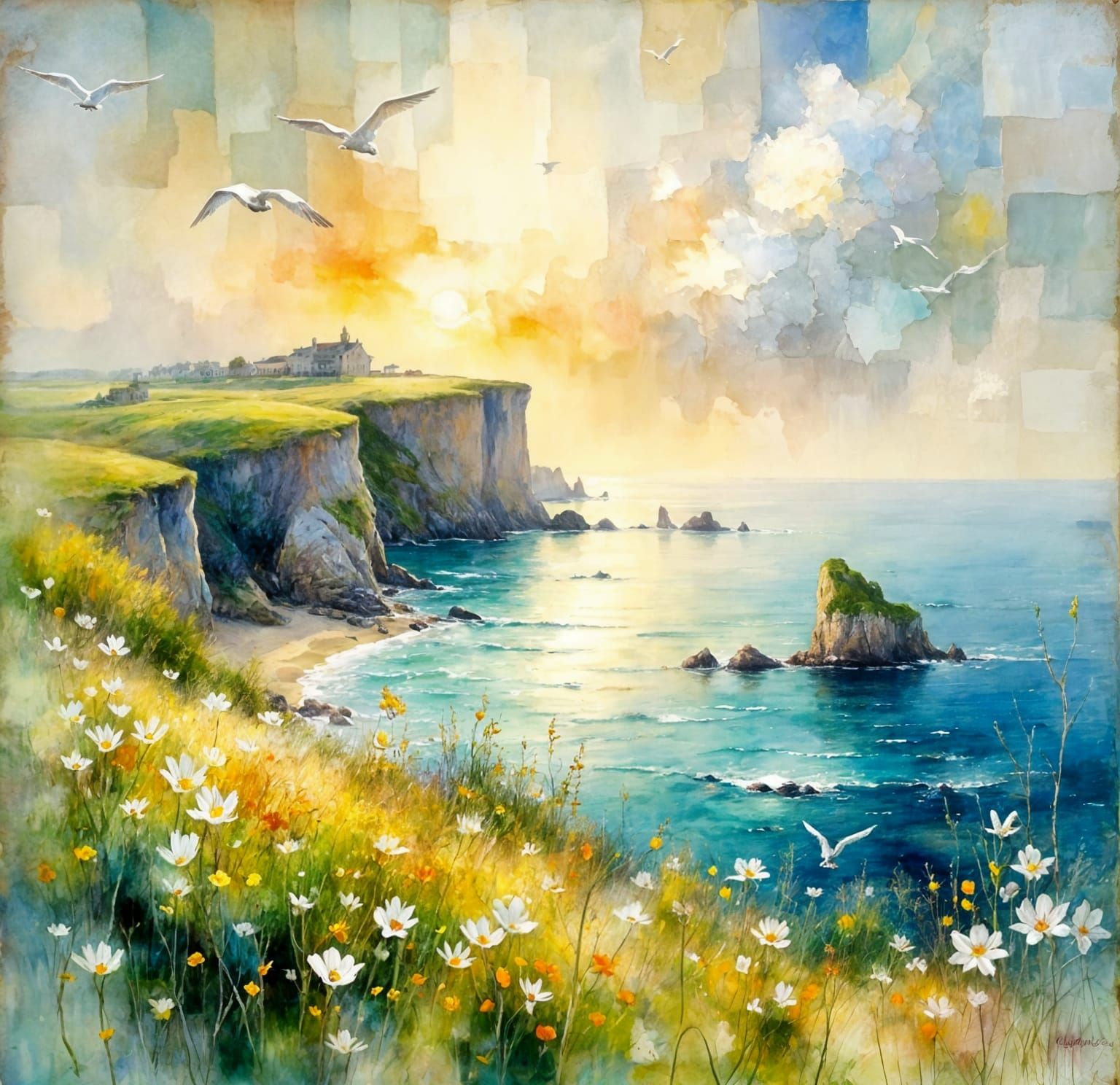 Ethereal Coastal Landscape with Bay and Cottages