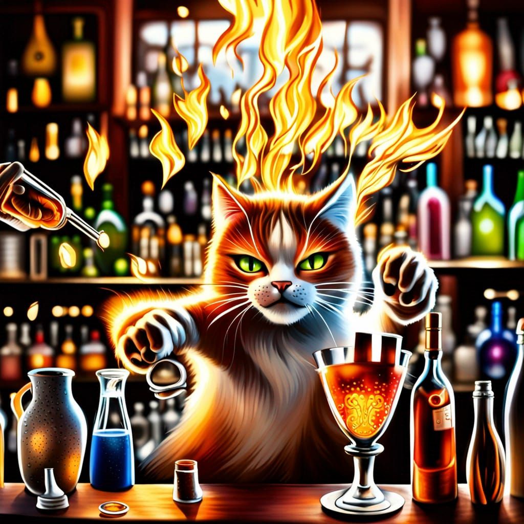 Calico Cat Bartender Lights Drinks on Fire: Hyperrealistic