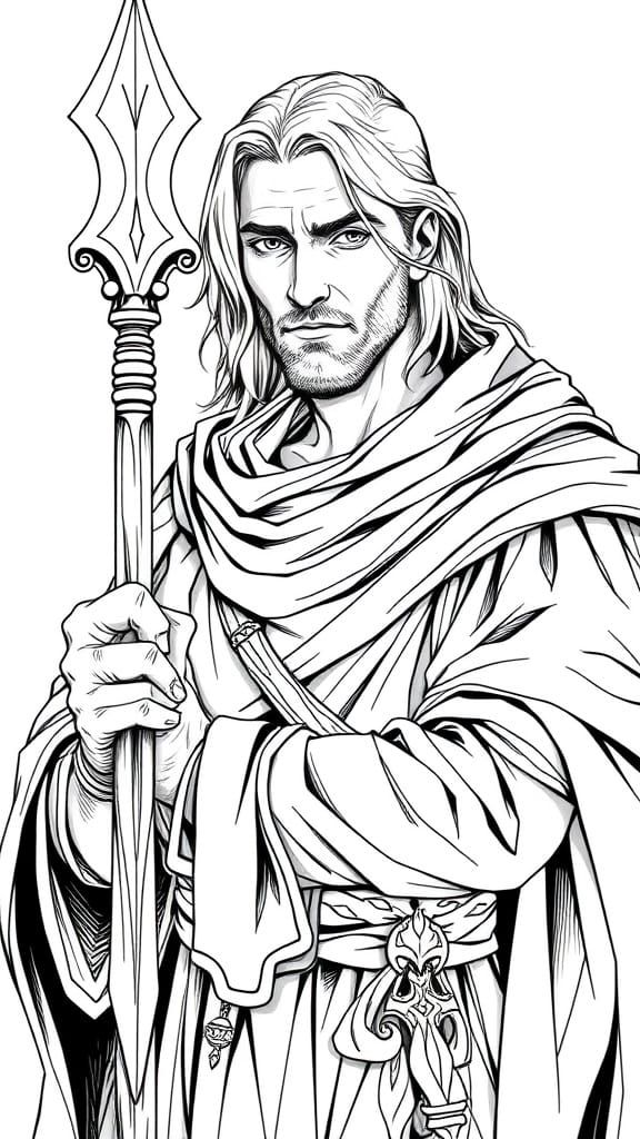 Mage with Staff: Black and White Linear Art