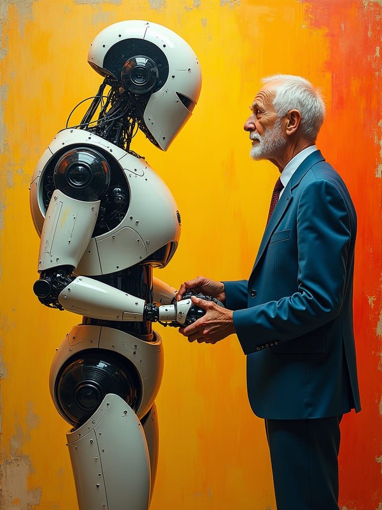 Humanitarian Robot in Elegant Suit Assists Elderly Gentleman