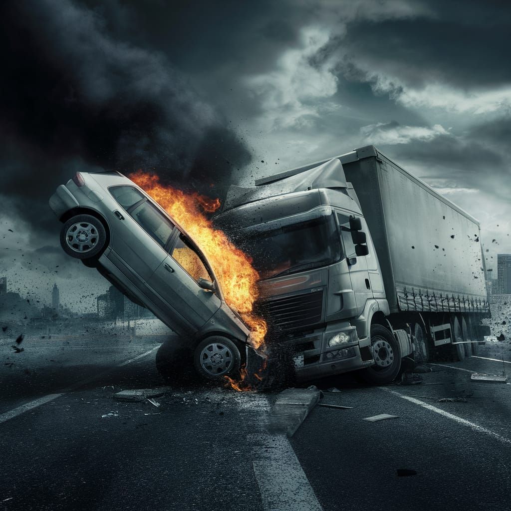Dramatic Car and Lorry Crash in Digital Painting