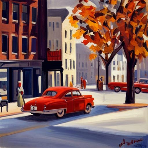 Corning New York 1950s Street Scene in Hopper Style