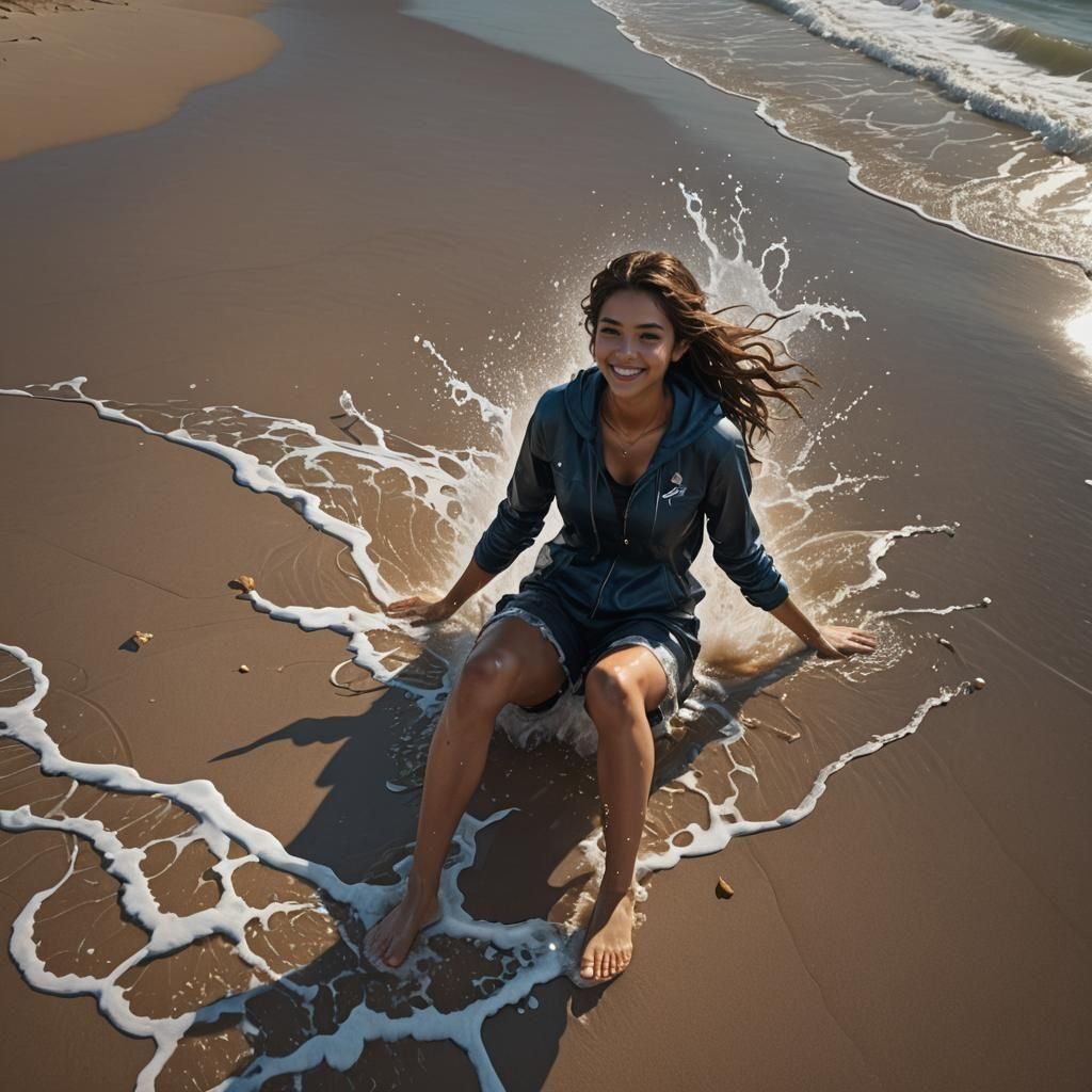 Girl on Beach Smiling, Detailed Matte Painting