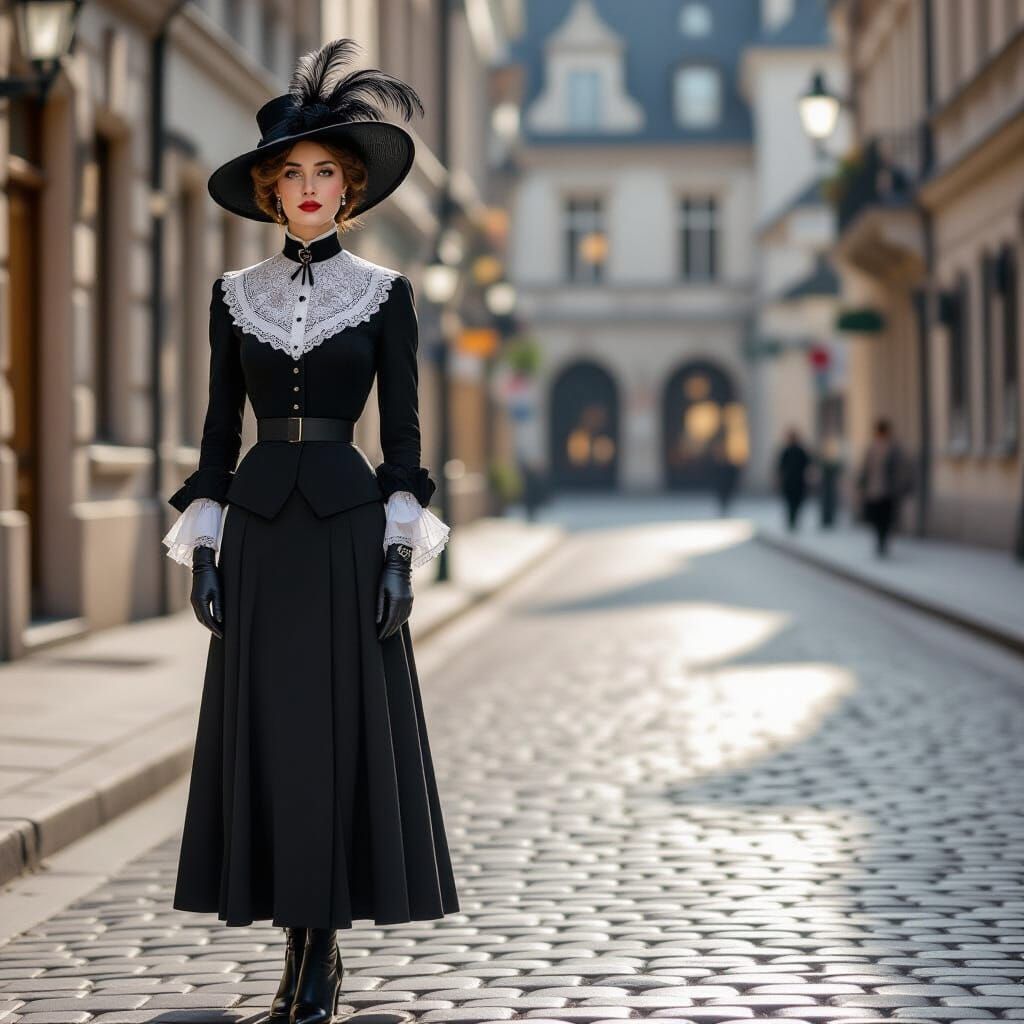 1910s Fashion Model on Cobblestone Street
