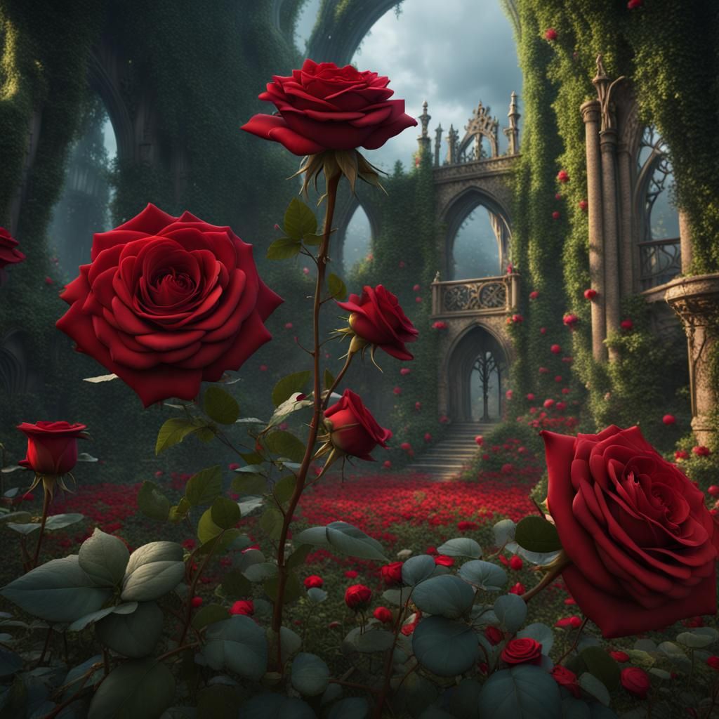 Enchanted Garden: Red Roses in Detailed Matte Painting