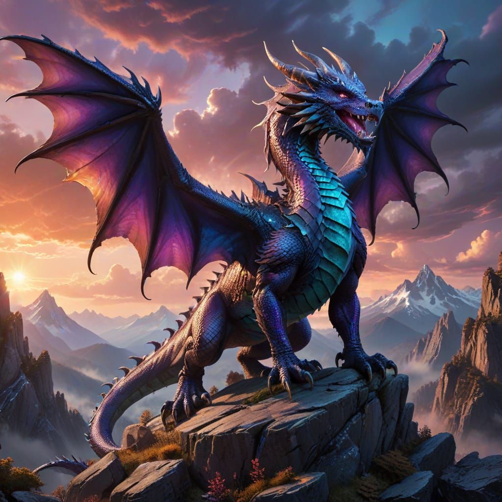 Majestic Iridescent Dragon on Rocky Outcrop