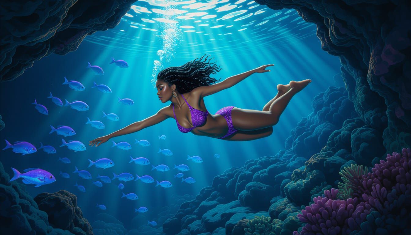 Underwater Cave Dive in Hyperdetailed Fantasy Style